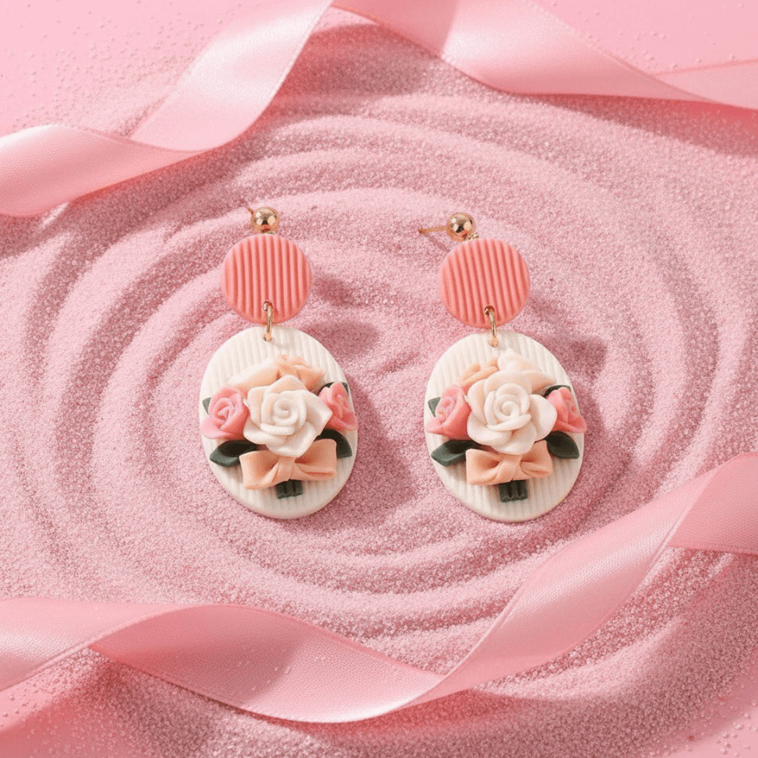 Handmade Polymer Clay Pink Rose Stud Earrings