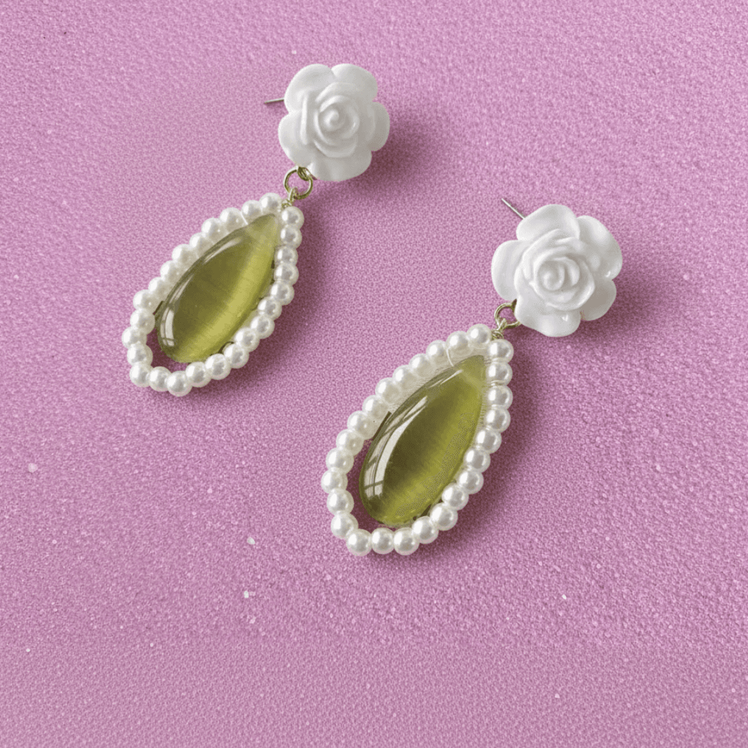 Korean Retro Cat Eye Stone &amp; Pearl Drop Earrings