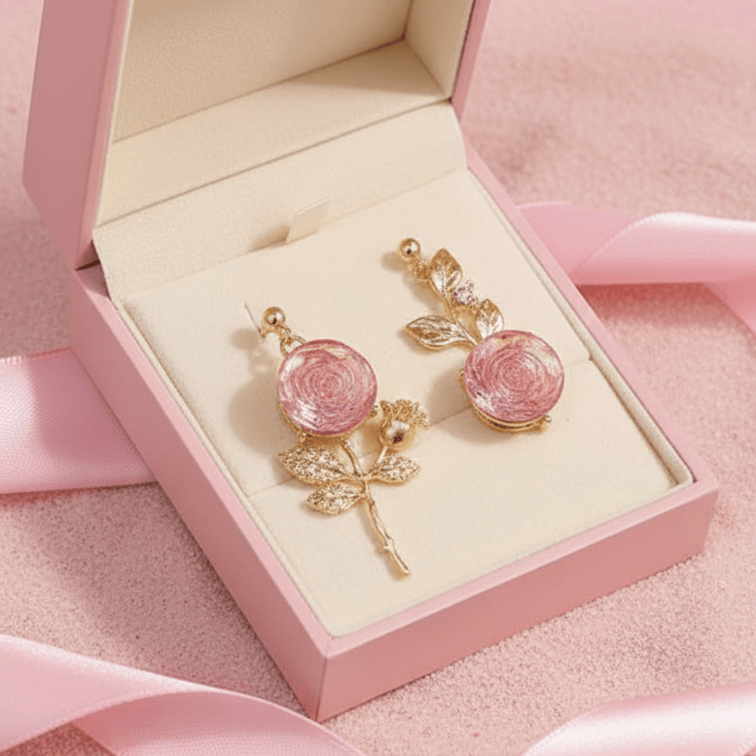 Pink Crystal Rose Asymmetric Drop Earrings