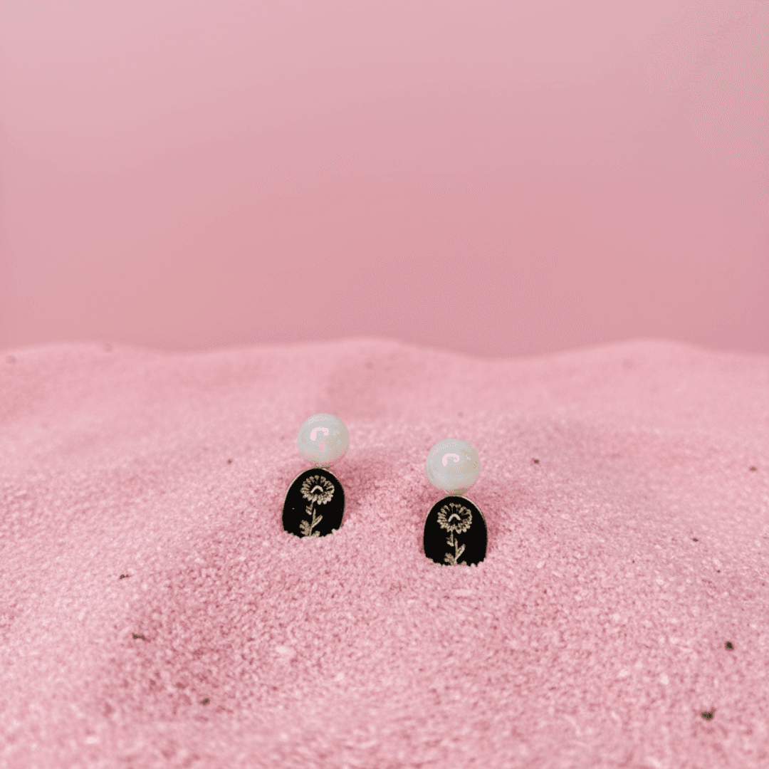 Silver Needle Pearl &amp; Enamel Stud Earrings