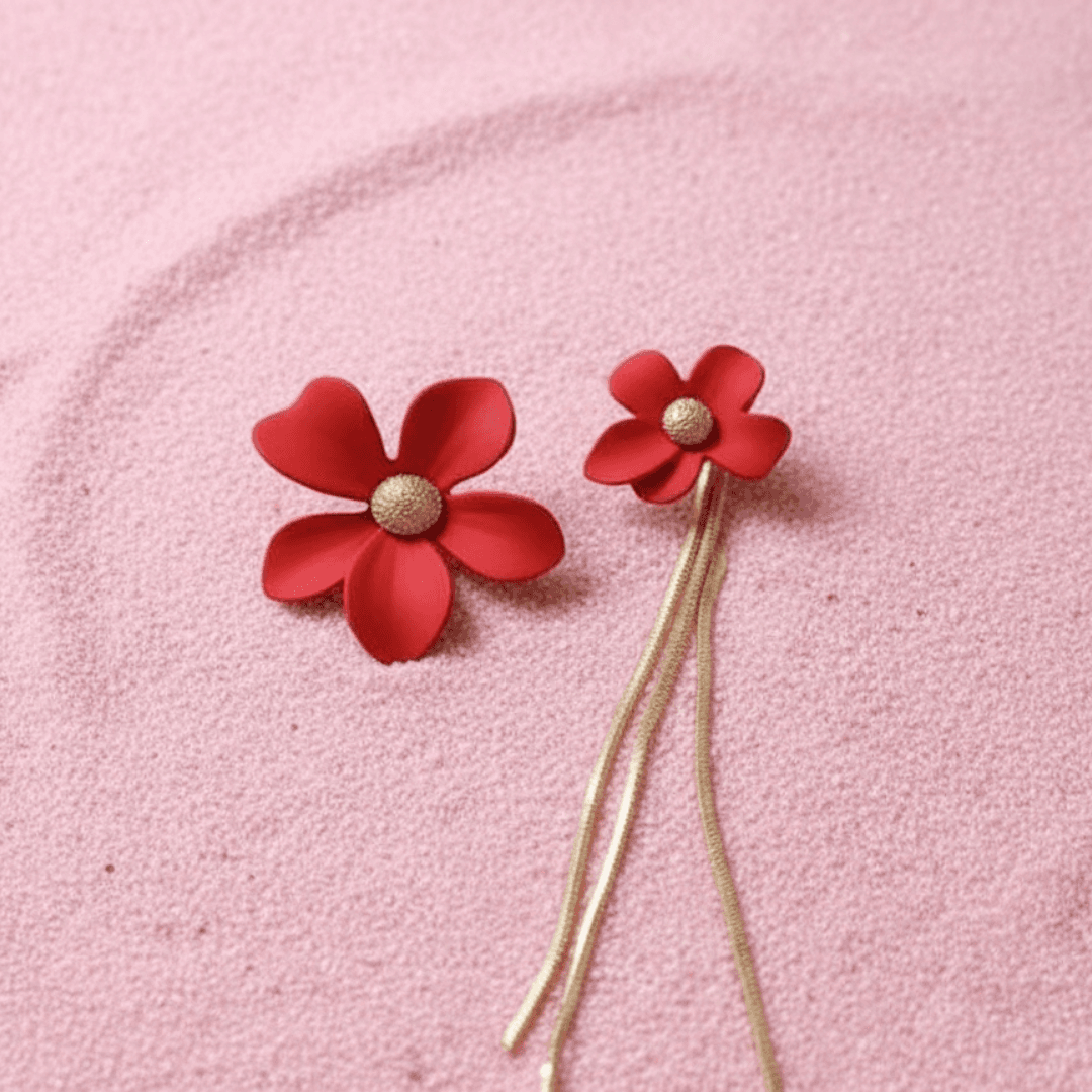 Trendy Red Flower Asymmetrical Stud Earrings