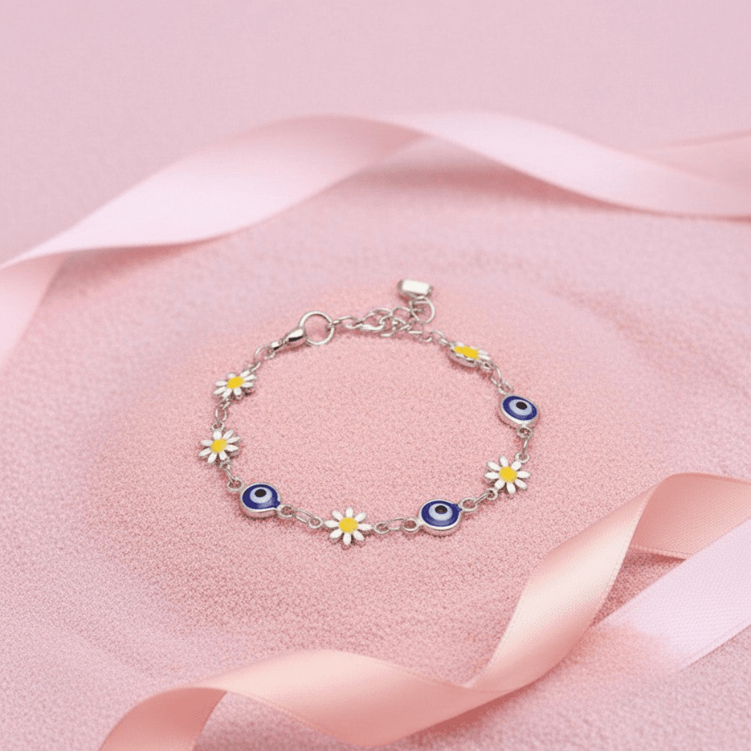 Trendy Silver-Toned Evil Eye &amp; Daisy Charm Bracelet