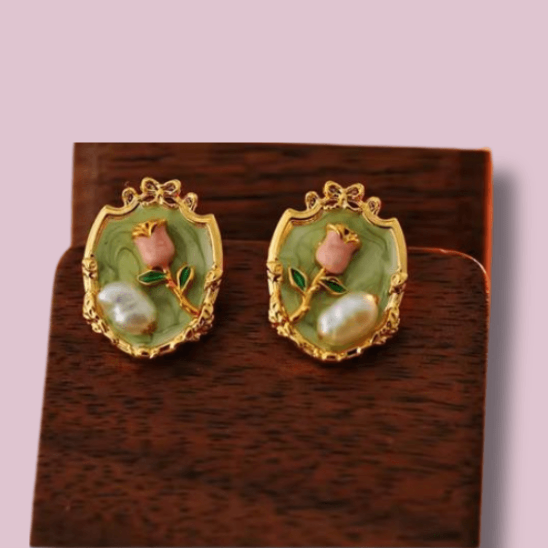 Vintage Enamel Rose &amp; Baroque Pearl Shield Earrings