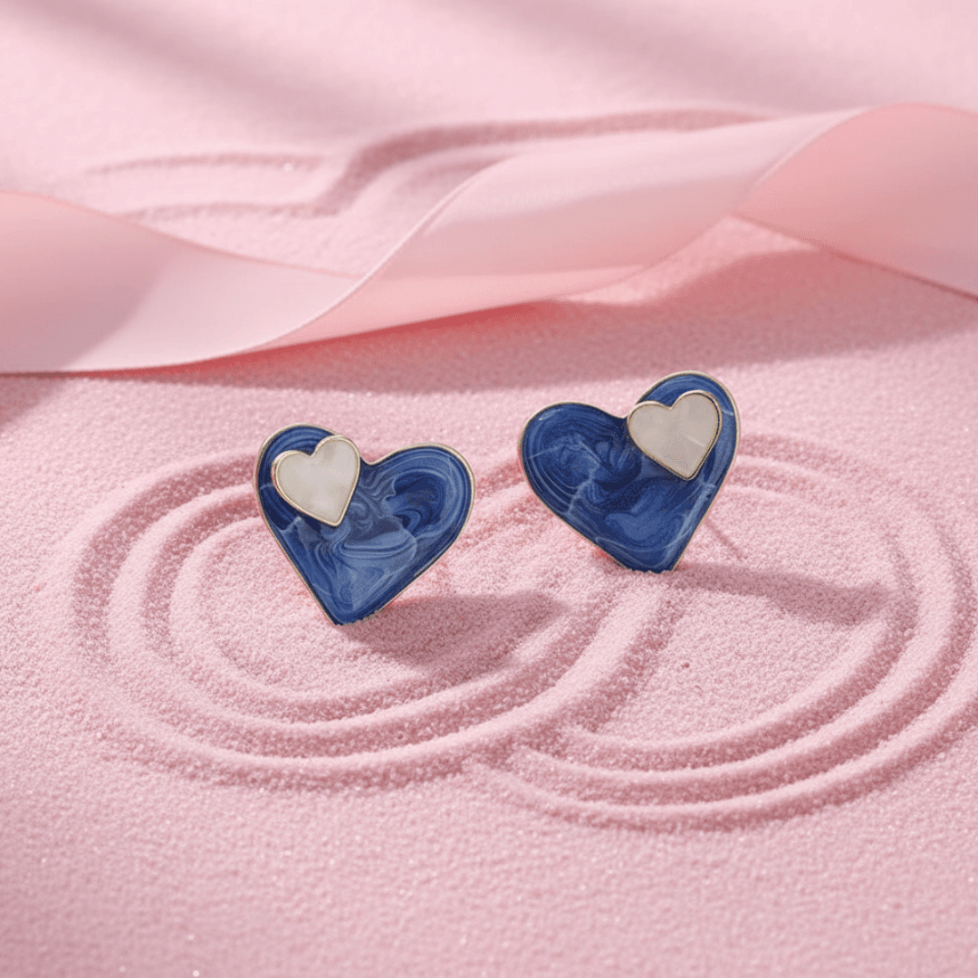 Vintage French-Style Blue &amp; White Heart Stud Earrings