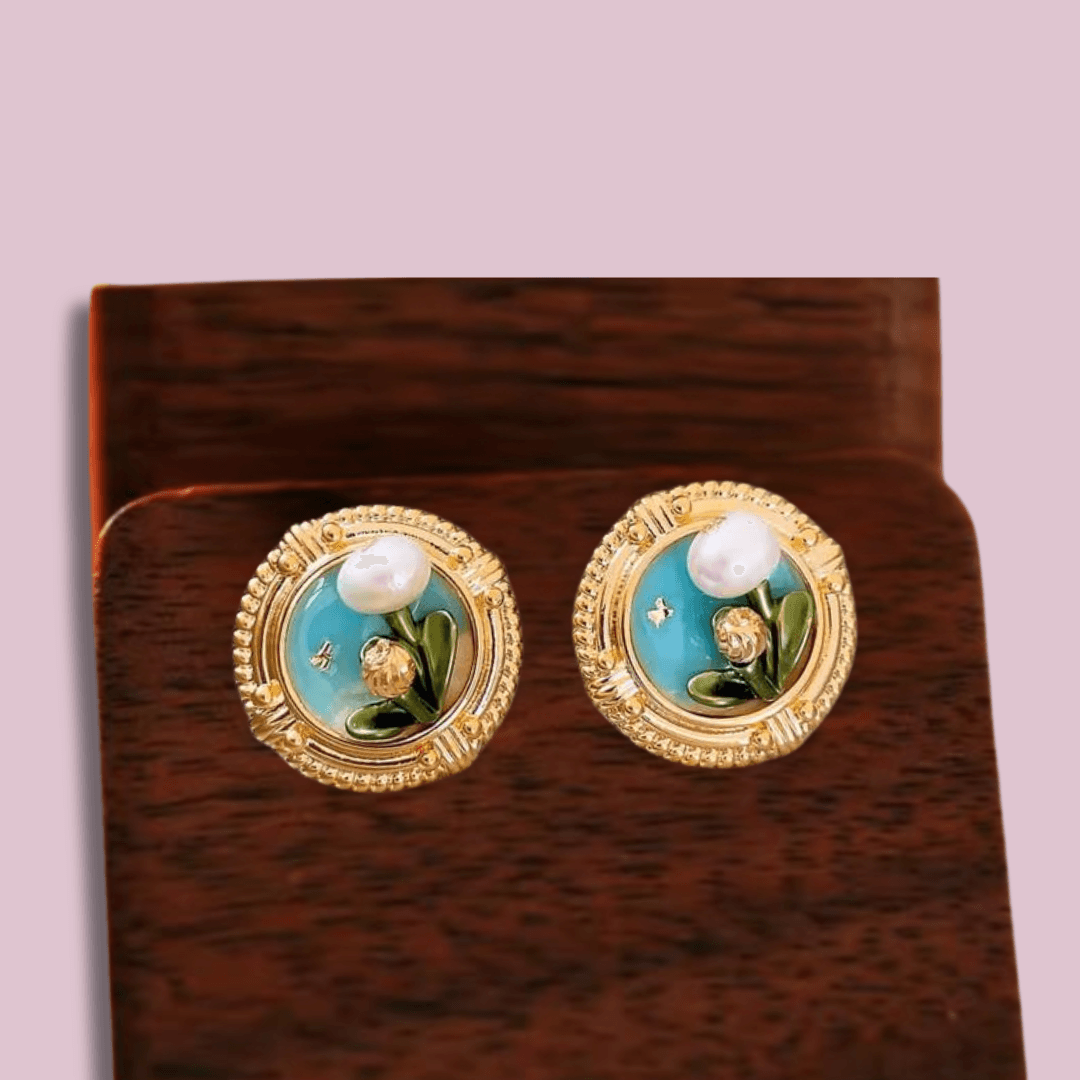 Vintage Miniature Floral Scene Pearl Stud Earrings