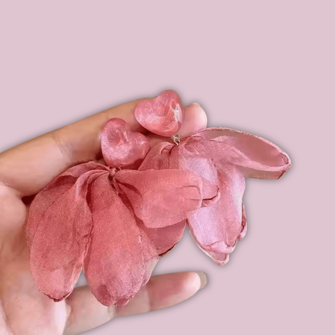 Boho Chic Pink And Blue Fabric Flower & Heart Drop Earrings