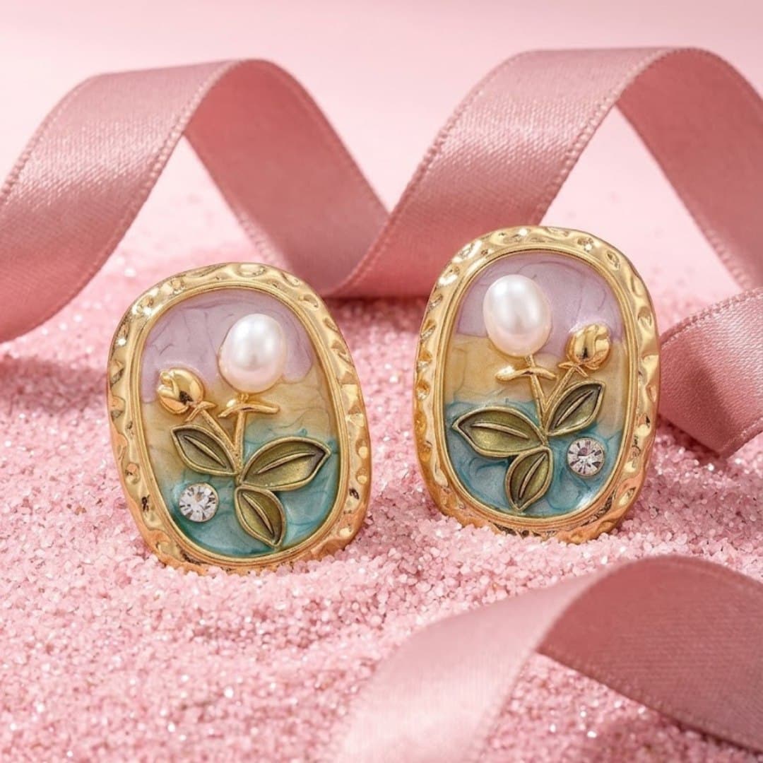 “Enchanted Garden” Rose Baroque Pearl Stud Earrings