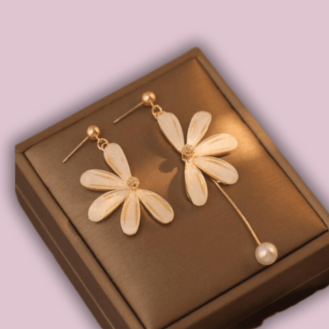 Fashionable Asymmetrical Flower Pendant Earrings with Faux Pearl & Tassel