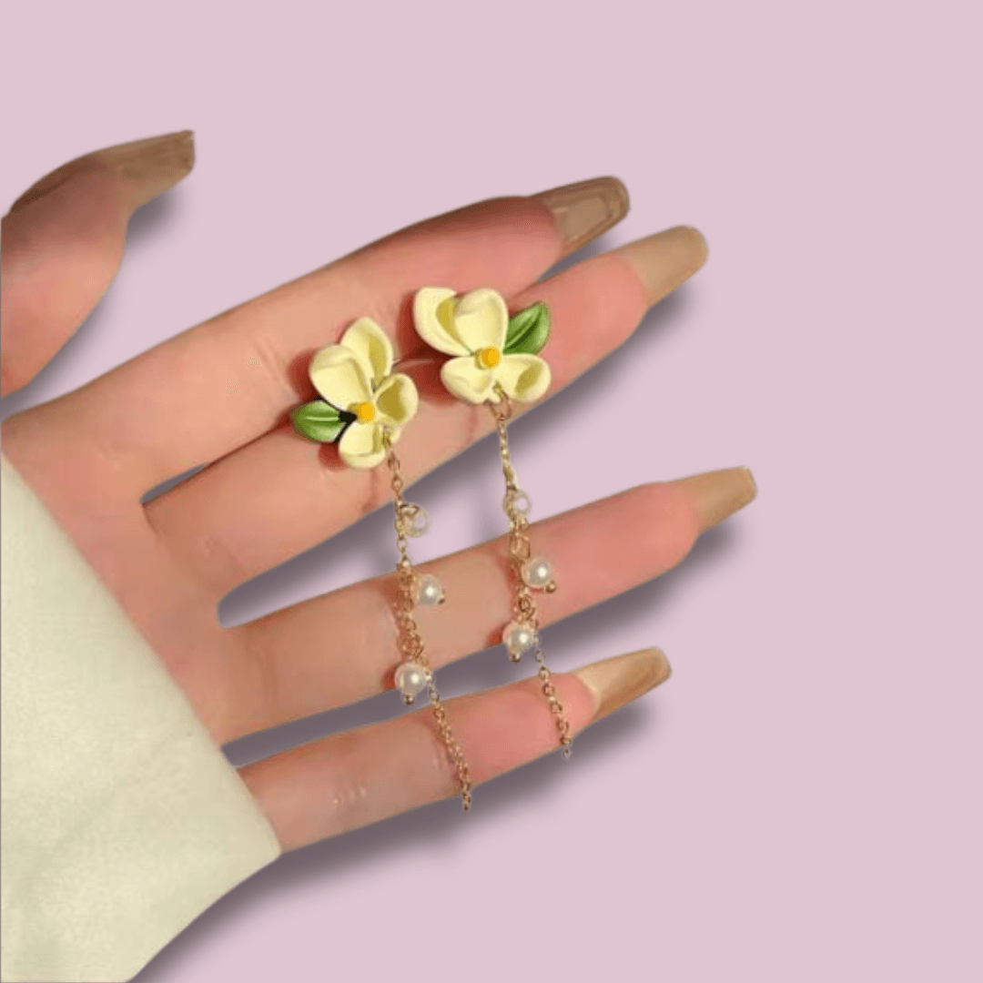Gentle Sweet Gardenia Flower Long Pearl Tassel Drop Earrings