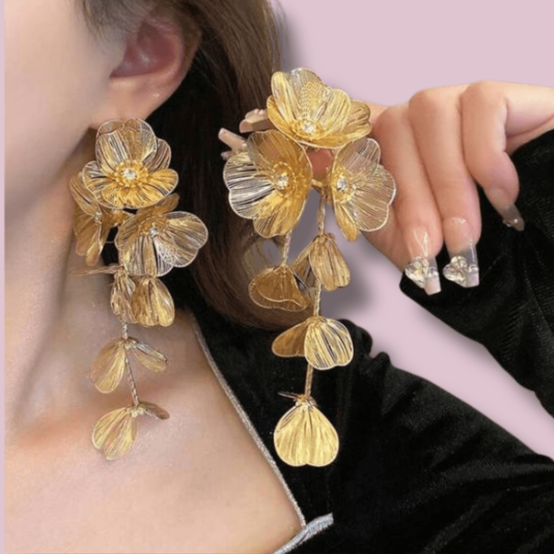 Trendy Cascading Gold Floral Drop Earrings with Crystal Accents